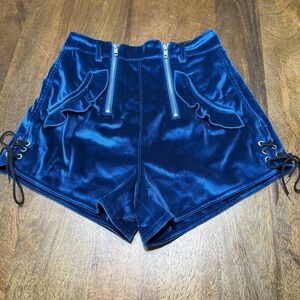 Self Portrait Peacock Blue Velvet Laceup Cuff Belted High Waist Shorts Size 2